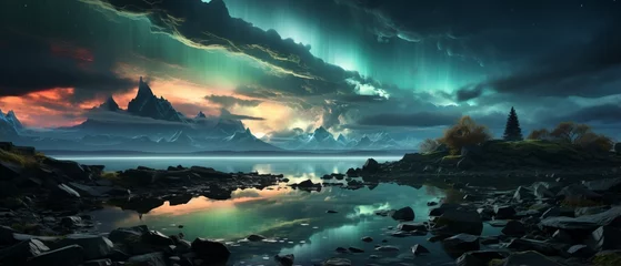 Foto op Plexiglas anti-reflex Fantasy landscape with aurora borealis over mountains and lake © Adobe Contributor