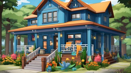 A beautiful blue house with a porch and a garden