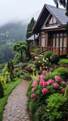 A beautiful house in the mountains with a garden full of flowers