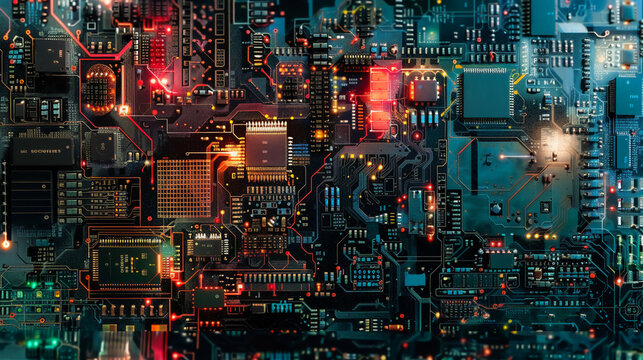 A computer circuit and chip with many small lights on it. The lights are red and green