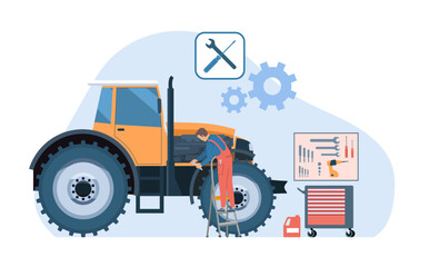 Concept illustration of tractor repair. A mechanic works with a wrench in an engine. Vector illustration.