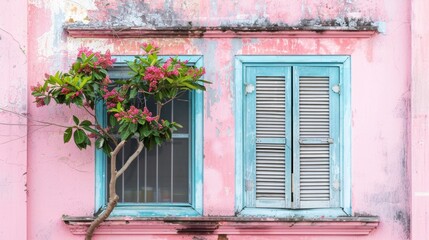 Fototapeta na wymiar Vintage pink wall with window and flowering plant