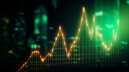 Green glowing line graph on dark background with blurred city lights in the distance