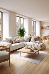 Fototapeta premium Bright airy living room with large windows and plants