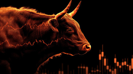 Silhouette of a bull with stock market chart lines superimposed on its body against a dark background.