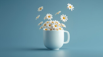A cup overflowing with white daisies on a blue background, with some daisies floating in the air.