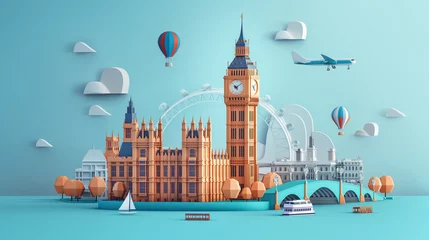 Deurstickers 3d illustrator vector of Big Ben tower, Westminster palace, London Eye ferris wheel with cruise transportation on river thames in city of London, England © Nantiya