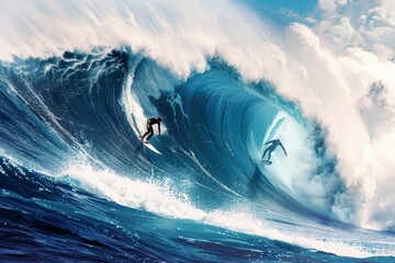A breathtaking view capturing two surfers inside the curl of a massive blue wave, displaying their daring and expertise