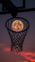 Full moon perfectly aligned with a basketball hoop at dusk