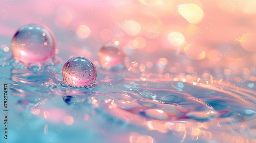 Poster close-up of water droplets on a reflective surface with colorful bokeh
