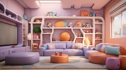 Fototapeta premium A colorful living room with a large pink sectional sofa and lots of toys