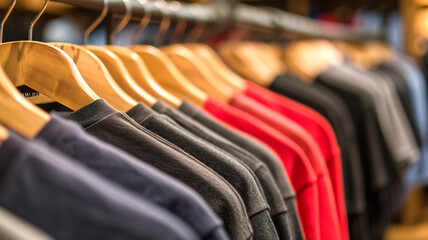 Fototapeta premium Assorted t-shirts on wooden hangers in a store. Close-up retail display for fashion and shopping concept. Design for apparel mockup, textile print