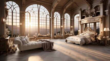 Ornate bedroom with a large bed and a chaise lounge - obrazy, fototapety, plakaty
