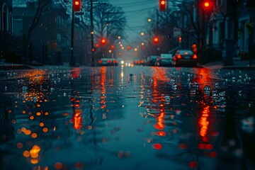 Rainy Twilight: Serenity Amidst the City Glow. Concept Rainy Evening Shoot, City Lights, Moody Atmosphere, Urban Landscape