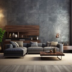 Modern living room interior with dark accent wall and stylish furniture
