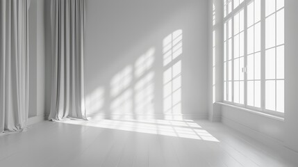 Bright empty room with large windows and white walls