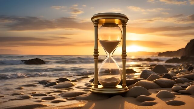 That sounds like a stunning image! The contrast between the golden hourglass and the rocky shores of the beach creates a beautiful scene. The gold casing of the hourglass catches the warm sunlight, sh