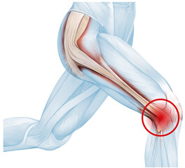 Iliotibial band syndrome, painful knee joint, inflammation or overuse. Illustration - obrazy, fototapety, plakaty