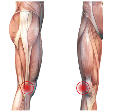 Iliotibial band syndrome, painful knee joint. Labeled Illustration