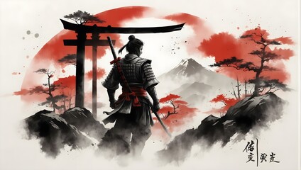 poster of a samurai standing against the background of rocks and mountains