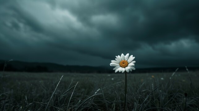 Single daisy in a dark moody field under stormy skies