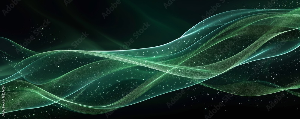 Poster Abstract green light waves with particles on dark background