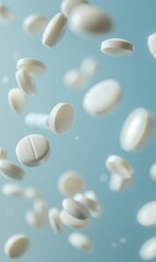 Fototapeta na wymiar white pills falling on blue background, healthcare and medicine, pharmacy concept