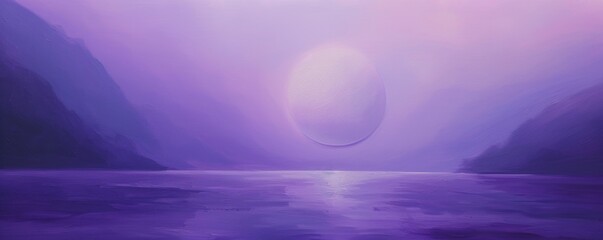 Surreal purple landscape with large moon over tranquil water