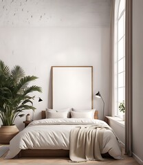 Home interior mock up, cozy modern room with natural wooden furniture, 3d render