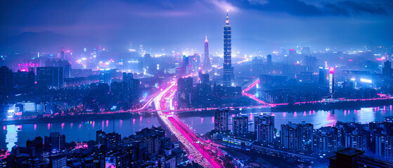 Shanghai Skyline at Twilight, Modern Urban Landscape with Illuminated Skyscrapers, Nighttime Cityscape Panorama