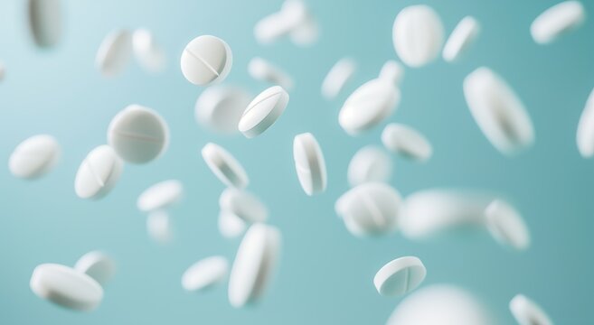 white pills falling on blue background, healthcare and medicine, pharmacy concept