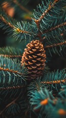 Close-up of a pine cone nestled among evergreen needles