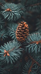 Naklejka na ściany i meble Close-up of a pine cone nestled among evergreen branches