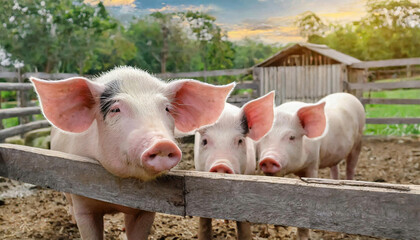 Pigs on the farm behind wooden fence, close up.