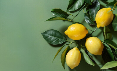 Obraz premium Fresh lemons with leafs on light green background. Copy space. Top view.