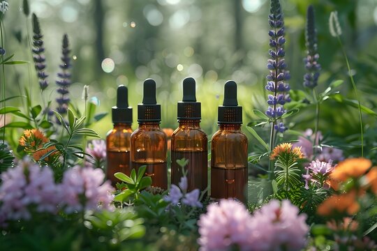 Botanical Aromatherapy Oils Amidst Nature's Blossoms. Concept Botanical Aromatherapy, Essential Oils, Nature's Blossoms