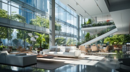 The atrium of a modern office building with large windows, plants, and a seating area