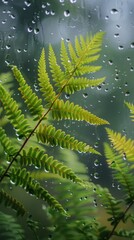 Green fern leaves behind raindrops on a window