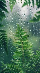 Fern leaves with raindrops on a window