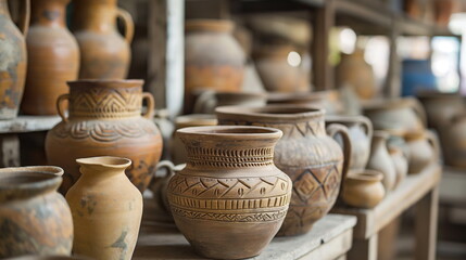 Fototapeta na wymiar Variety of handcrafted clay pots and vessels showcased on rustic wooden shelving, artisanal craftsmanship