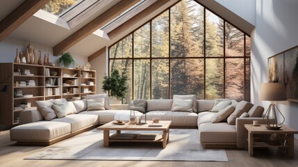 A cozy living room with a large window looking out onto a forest