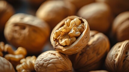 Close-up of cracked walnuts with focus on kernels - obrazy, fototapety, plakaty
