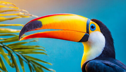 Toucan beak bold and colorful close up on a blue sky background.