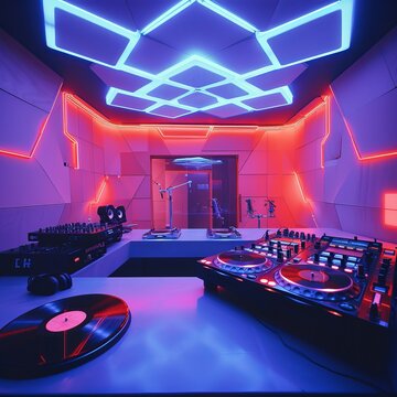 A futuristic dj booth with a large led screen in the background