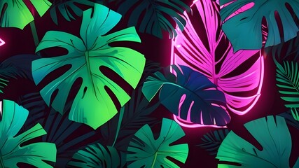 Illustration of neon Monstera Deliciosa leaves growing in the tropical forest for a creative design element. Generative AI - obrazy, fototapety, plakaty