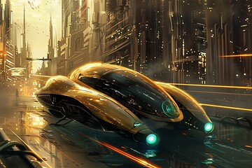 a concept art of a sleek, advanced vehicle for sci-fi transportation.