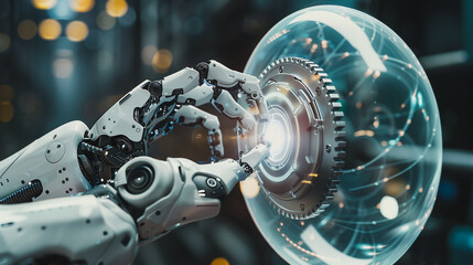 A robot is touching a glowing button