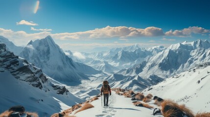 A lone hiker traverses a snowy mountain landscape - obrazy, fototapety, plakaty