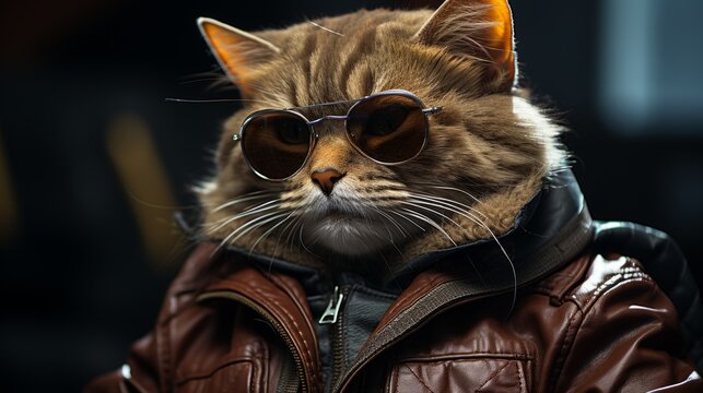 Cool cat wearing sunglasses and a leather jacket