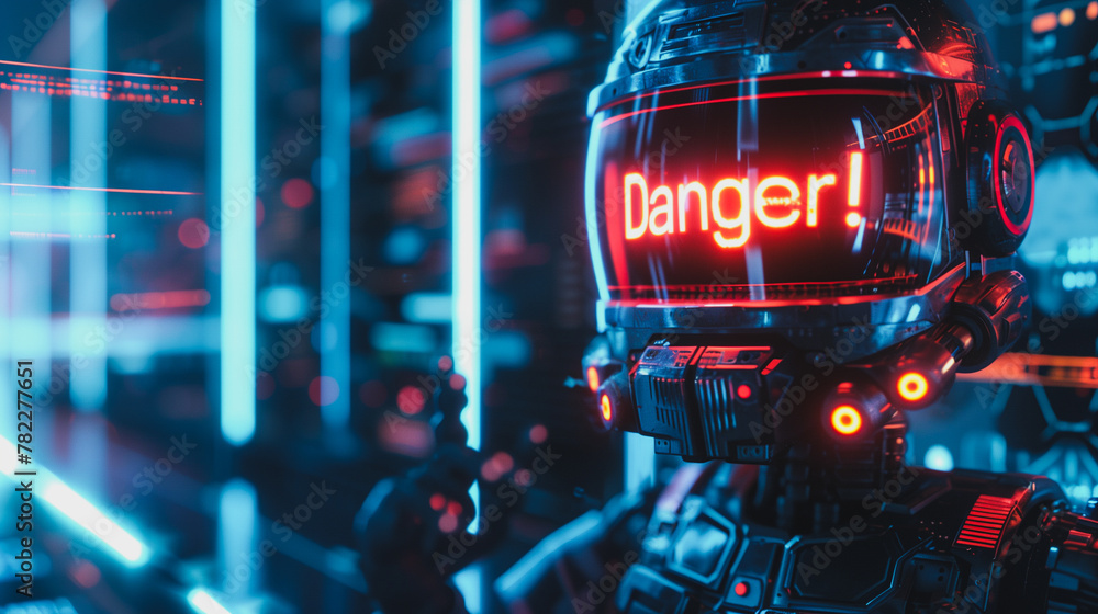 Aufkleber a robot with a red face and the word danger written on it